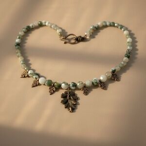 Oak and Stone: Tree Agate Gemstone Necklace and Copper Oak Leaf Pendant